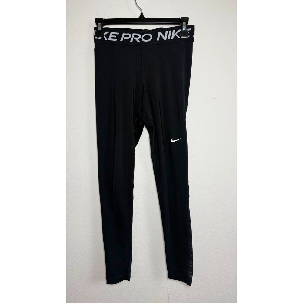 Nike Pro Women’s Black Compression Leggings Tights Mesh Panels Logo Waistband